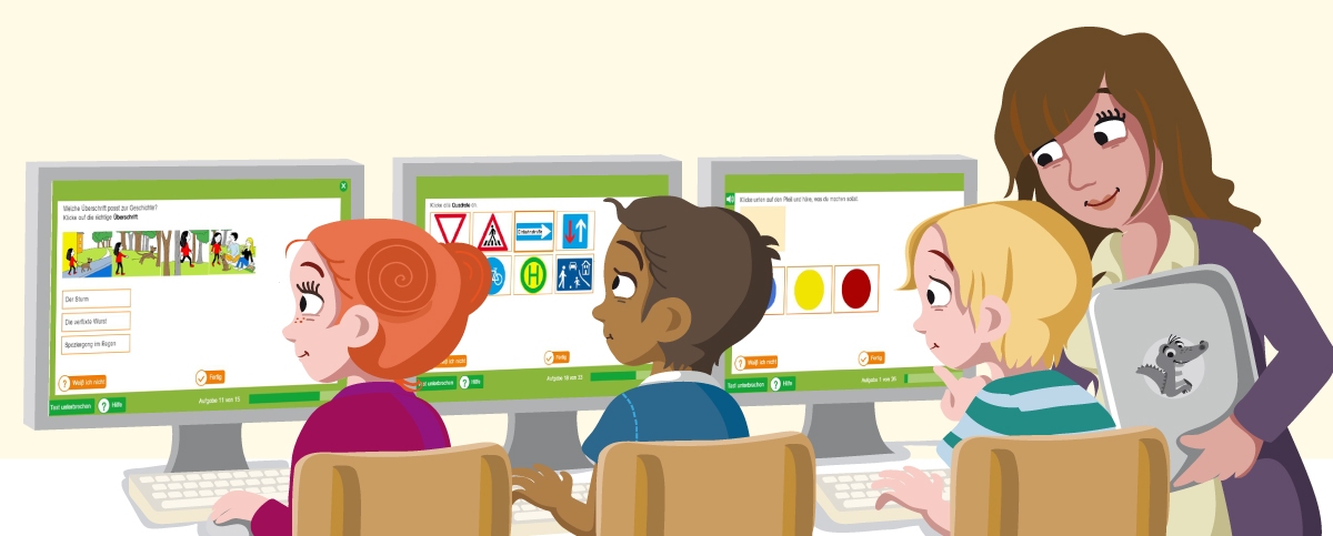 Illustration mit einer Lehrerin und drei Kindern, die vor Bildschirmen sitzen und Aufgaben aus der Online-Diagnose Grundschule bearbeiten.